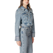 Light blue denim cropped jacket featuring light-wash fabric, subtle distressing, and metallic-threaded cuffs