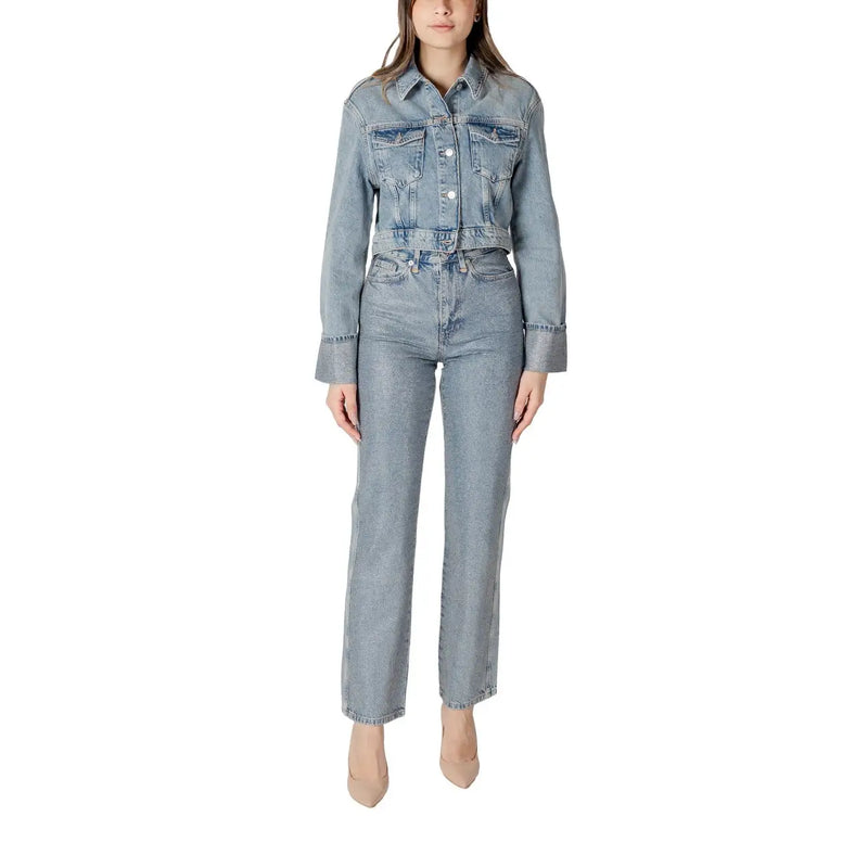 Light blue denim jacket with classic button front and flap pockets paired with matching high-rise straight-leg jeans