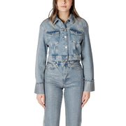 Light blue denim jacket with light-wash fabric, classic collar, button-front closure, and two chest pockets