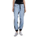 Light blue denim jogger pants with black side stripes displayed in a product image