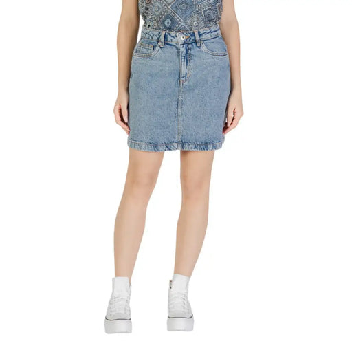 Light blue denim mini skirt displayed in a fashion product listing