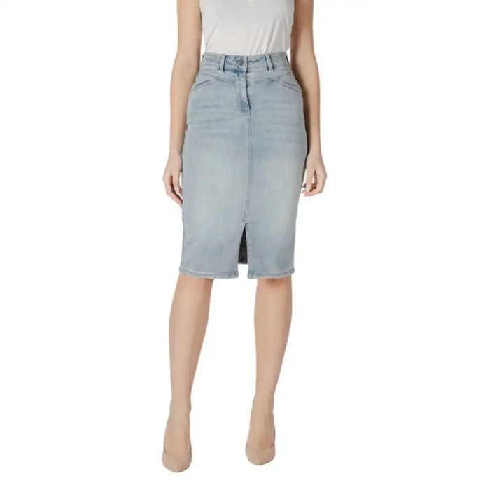 Light blue denim pencil skirt displayed as a stylish women’s fashion product