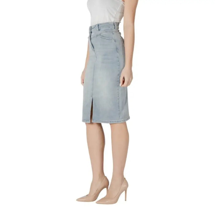 Light blue denim pencil skirt displayed in product listing