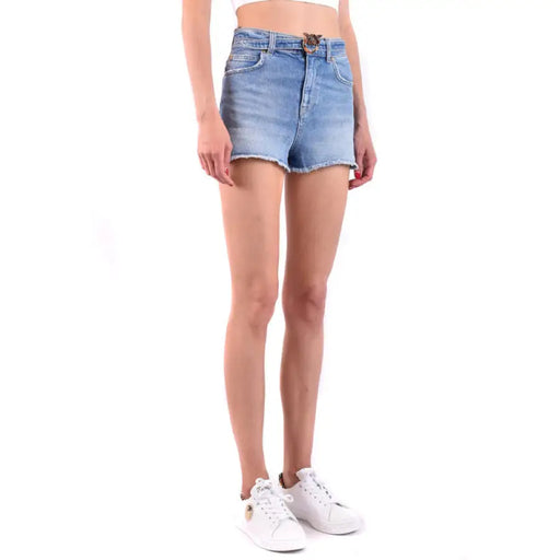 Light blue denim shorts with belt displayed in the product listing