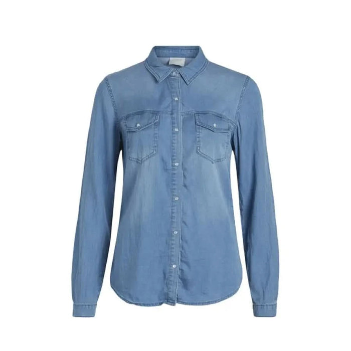 Light blue denim button-up shirt with long sleeves and chest pockets from Vila Clothes