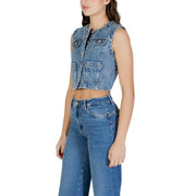 Gilet sans manches en coton biologique bleu clair, fermeture boutonnée et poches poitrine