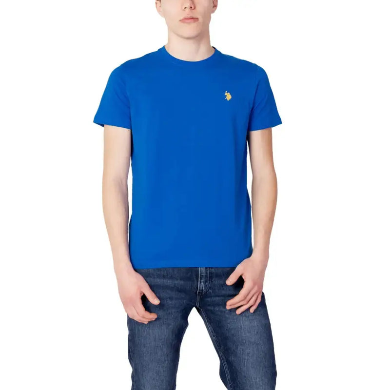 Bright blue short-sleeved US Polo Assn t-shirt with a gold embroidered horse logo on the left chest for men