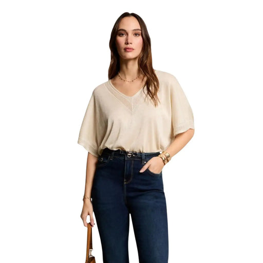 Light blue womens short sleeve v-neck knit top with lace trim