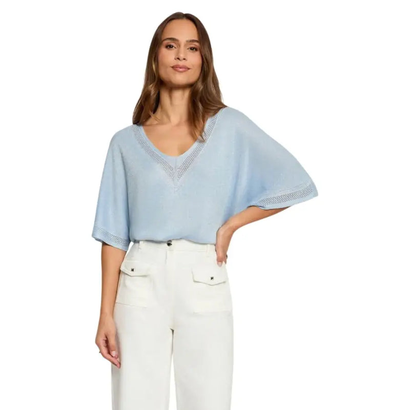 Light blue short sleeve v-neck knit top for women with open-knit fabric and flutter sleeves
