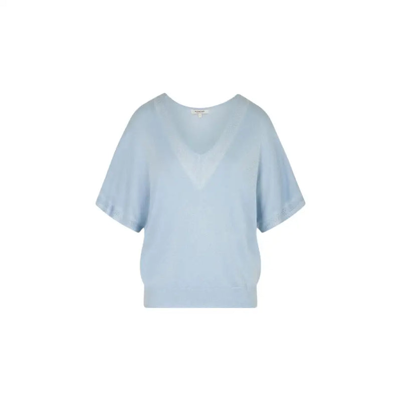 Light blue short sleeve v neck knit top for women with soft fabric, relaxed fit, and slightly flared sleeves