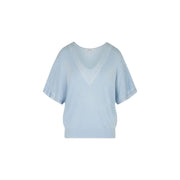 Light blue short sleeve v neck knit top for women with soft fabric, relaxed fit, and slightly flared sleeves