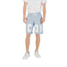 Light blue shorts with white ICON print lettering for a stylish casual look