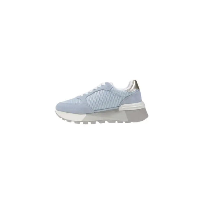 Light blue and silver sneaker displayed in the product showcase for casual footwear
