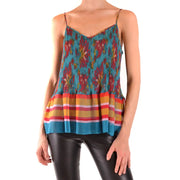 Vibrant turquoise and red floral pleated camisole with striped ruffle hem