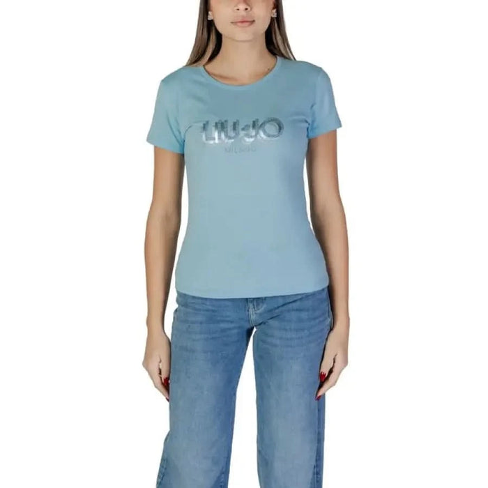 Light blue Liu Jo women’s t-shirt featuring metallic logo text for Spring/Summer