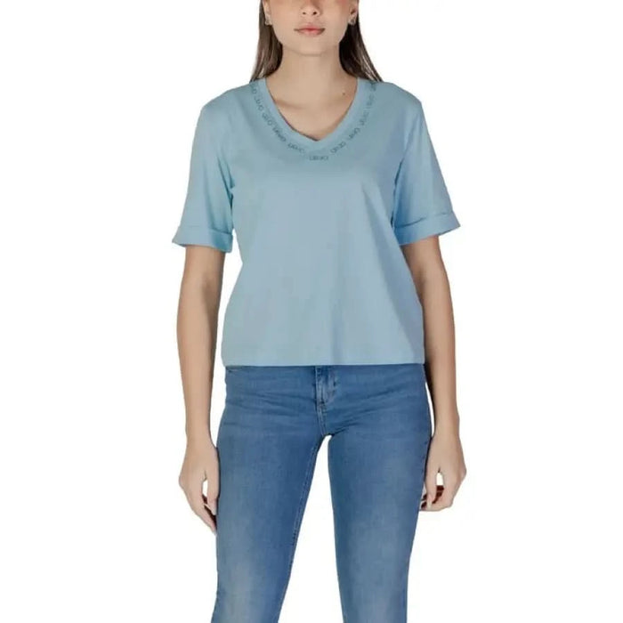 Light blue Liu Jo women’s v-neck t-shirt with frayed neckline and short sleeves