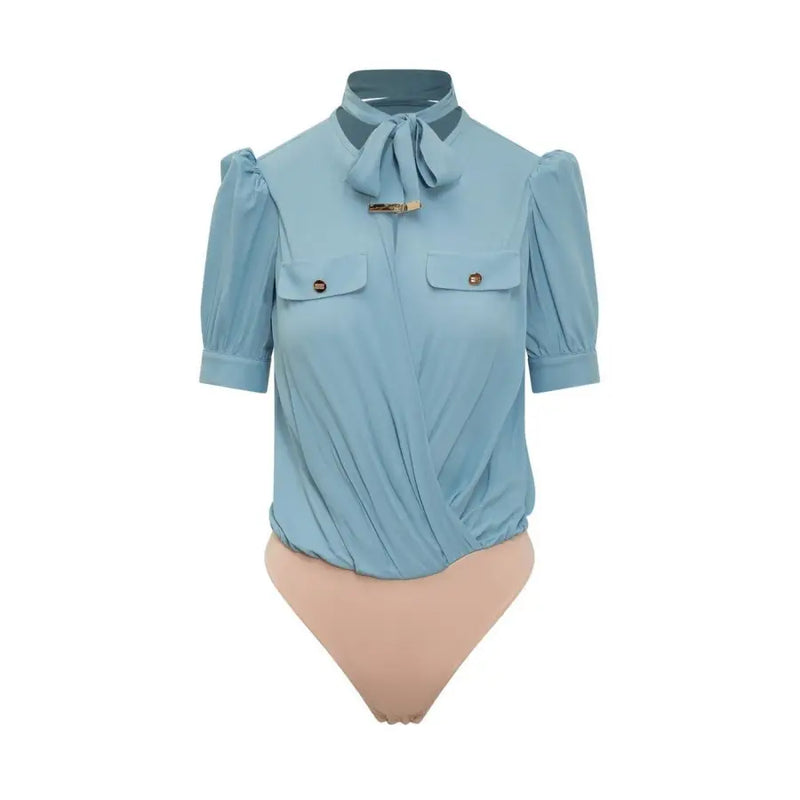 Chemisier bleu clair en viscose à manches courtes, signé Elisabetta Franchi, orné de manches bouffantes et d'un nœud.