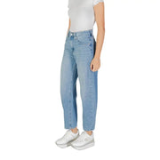 Light wash high-waisted wide-leg jeans with zip, button, and pockets for women