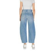 Light-wash wide-leg high-waist denim jeans with zip, button, and pockets for women