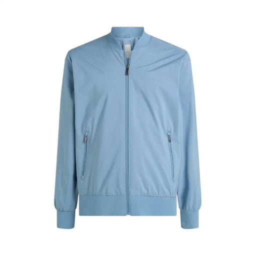 Light blue zip-up bomber jacket showcasing modern fashion and versatile style