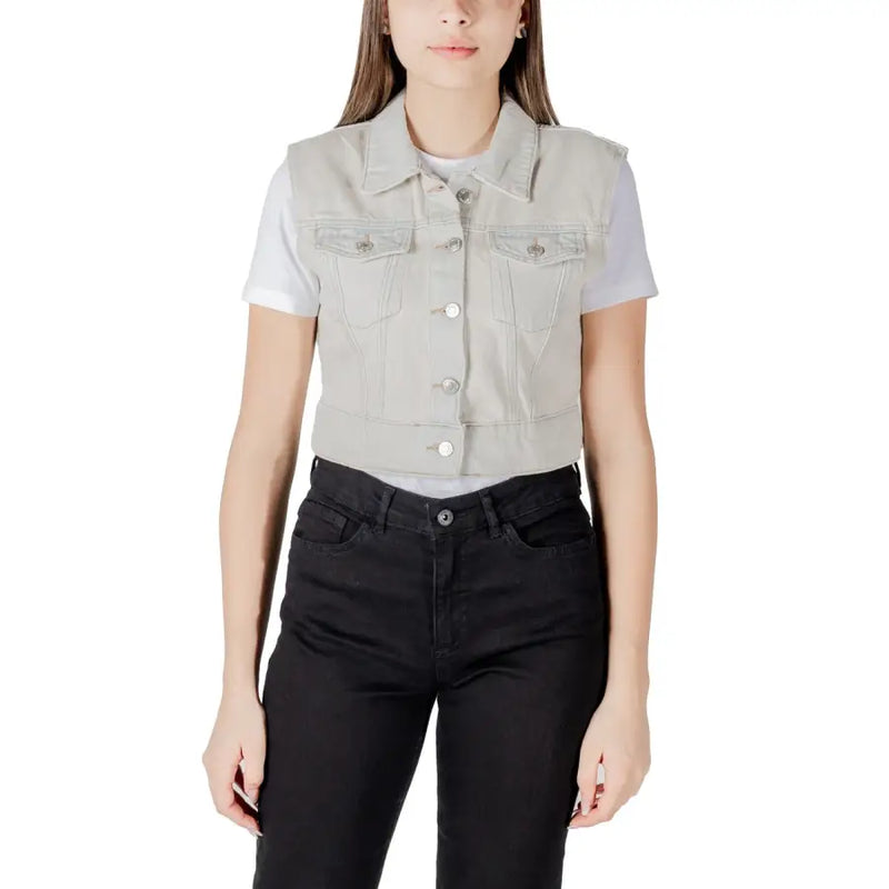 Light gray denim vest with classic collar front button closure and two chest pockets in a casual style