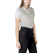Light gray denim vest with button closures and front pockets made of durable denim fabric