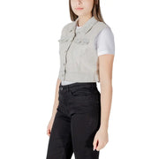 Light gray denim vest with classic collar front button closure and two chest pockets made of durable denim material