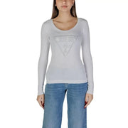 Light gray long-sleeve Guess top featuring logo triangle design on front