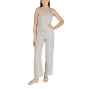 Light gray sleeveless jumpsuit with drawstring waist and wide-leg pants for women