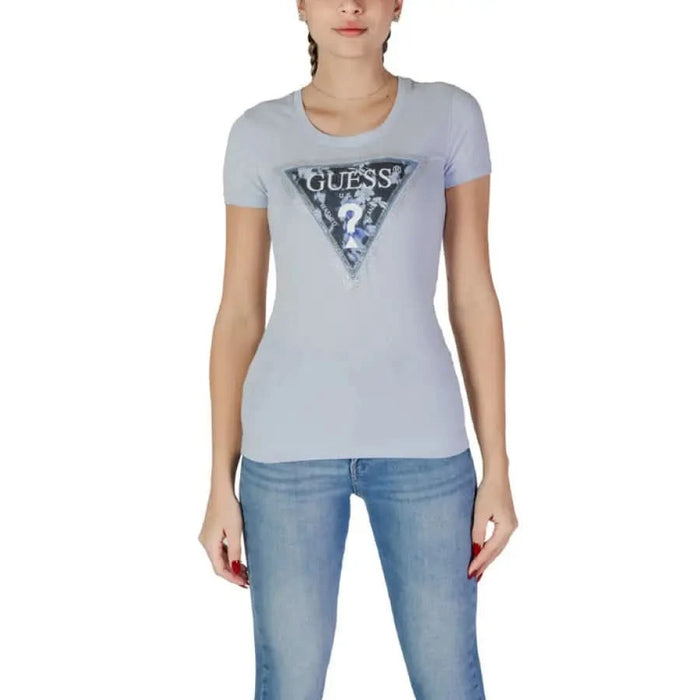 Light gray Guess Women’s Spring/Summer t-shirt featuring a triangular logo design
