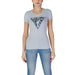 Light gray Guess Women’s Spring/Summer t-shirt featuring a triangular logo design
