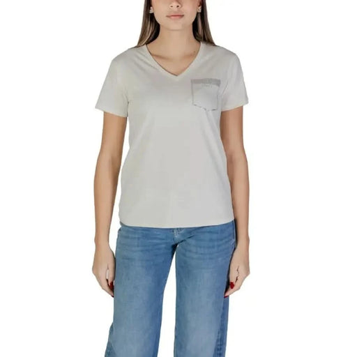 Light gray Liu Jo V-neck women’s t-shirt with chest pocket made of 100% cotton
