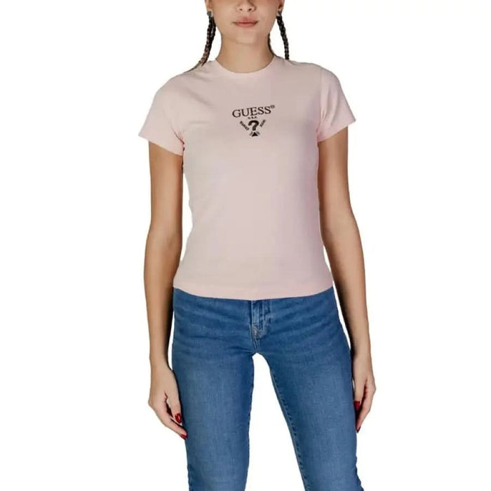 Light pink Guess logo t-shirt with blue jeans in Guess Active Women’s Round Neck T-Shirt