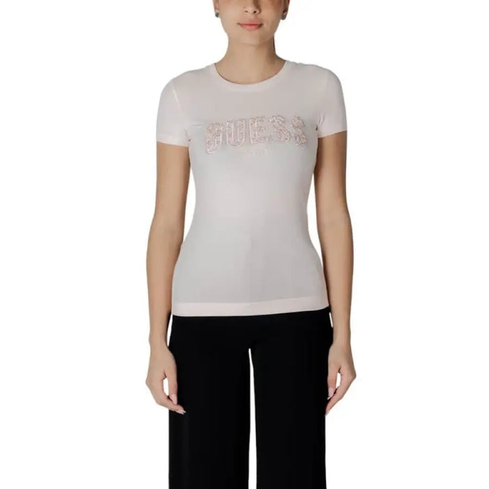 Light pink T-shirt with GUESS lettering displayed in the Black T Shirt with Guess Logo product