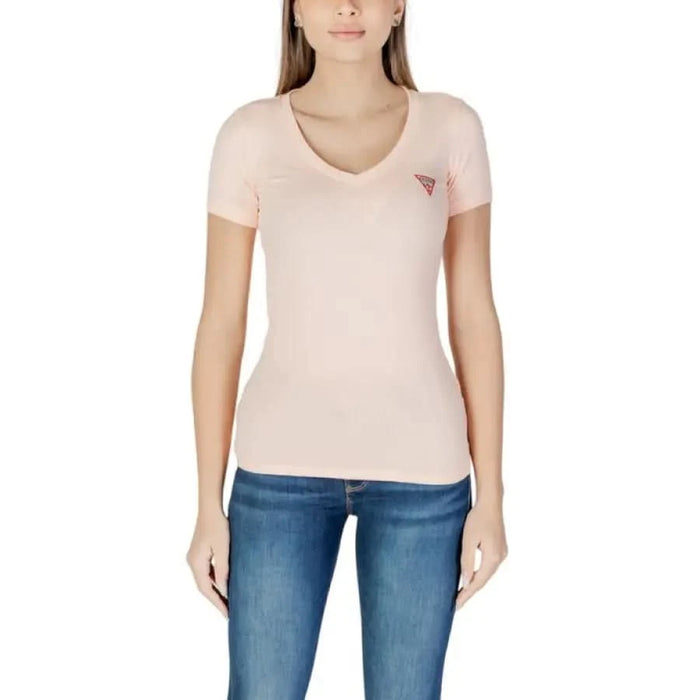 Light pink v-neck t-shirt with logo detail from Guess Women’s collection