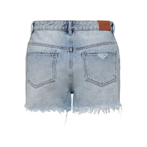 Light wash distressed denim shorts with frayed hem, ideal for casual summer wear