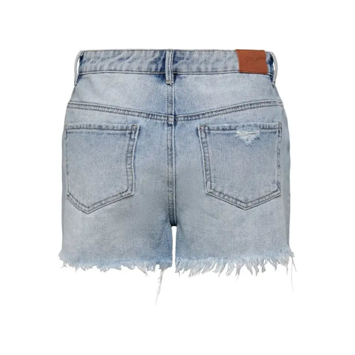 Light wash distressed denim shorts with frayed hem, ideal for casual summer wear