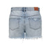 Light wash distressed denim shorts with frayed hem, ideal for casual summer wear
