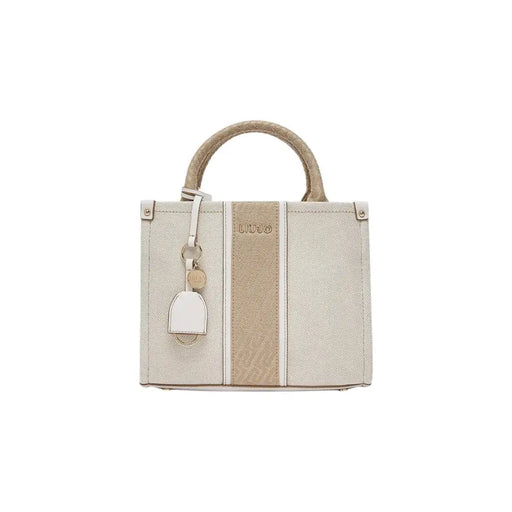 Liu Jo beige cotton handbag featuring a woven canvas tote with a textured stripe silver-tone hardware and braided handles