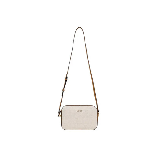 Liu Jo beige cotton linen crossbody bag with textured surface and contrasting brown leather strap with zip closure