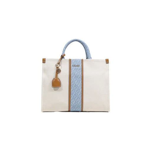Liu Jo Sac cabas beige à rayures bleu clair, anses en cuir fauve, bandoulière, poche zippée