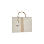 Liu Jo beige handbag canvas tote with two-tone design, woven handle, metallic logo tag, shoulder strap, and zip pocket