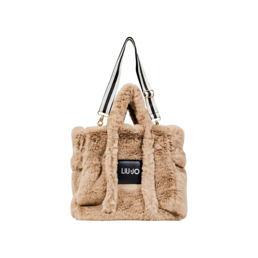 Fluffy beige faux fur tote bag with striped shoulder strap from Liu Jo Beige Leather Handbag collection