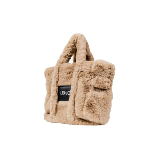 Light brown plush faux fur tote bag with top handles and a black patch for Liu Jo Beige Leather Handbag