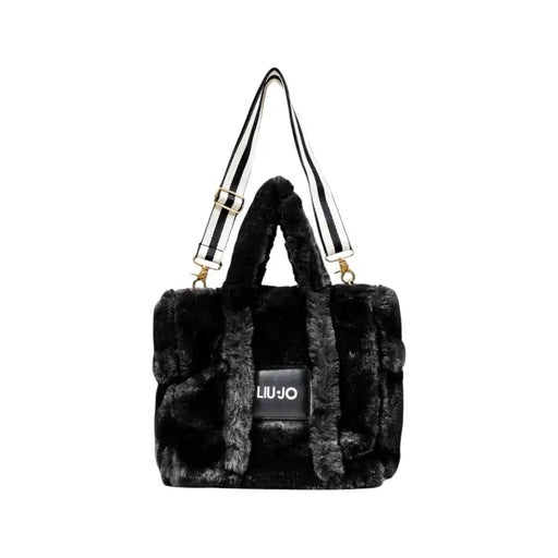 Black faux fur tote bag with striped shoulder strap from Liu Jo Beige Leather Handbag collection