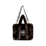 Dark brown faux fur tote bag with black and white striped shoulder strap for Liu Jo beige leather handbag