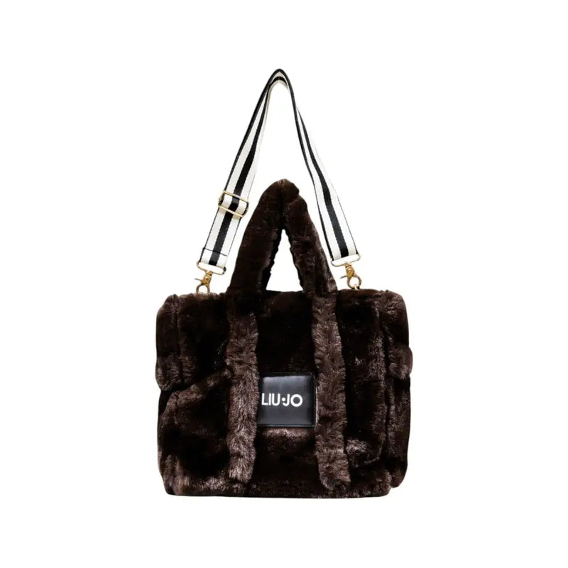 Dark brown faux fur tote bag with black and white striped shoulder strap for Liu Jo beige leather handbag