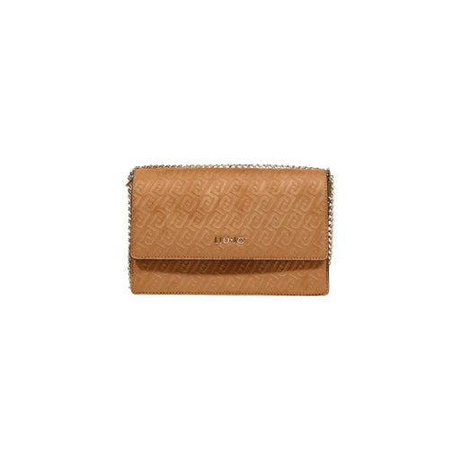 Liu Jo beige polyester shoulder handbag featuring a tan leather crossbody bag with embossed logo and gold-tone chain strap