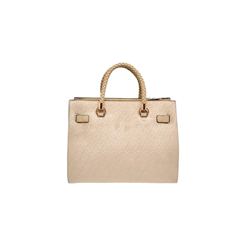 Liu jo beige polyester handbag with braided handles and embossed logo pattern with shoulder strap