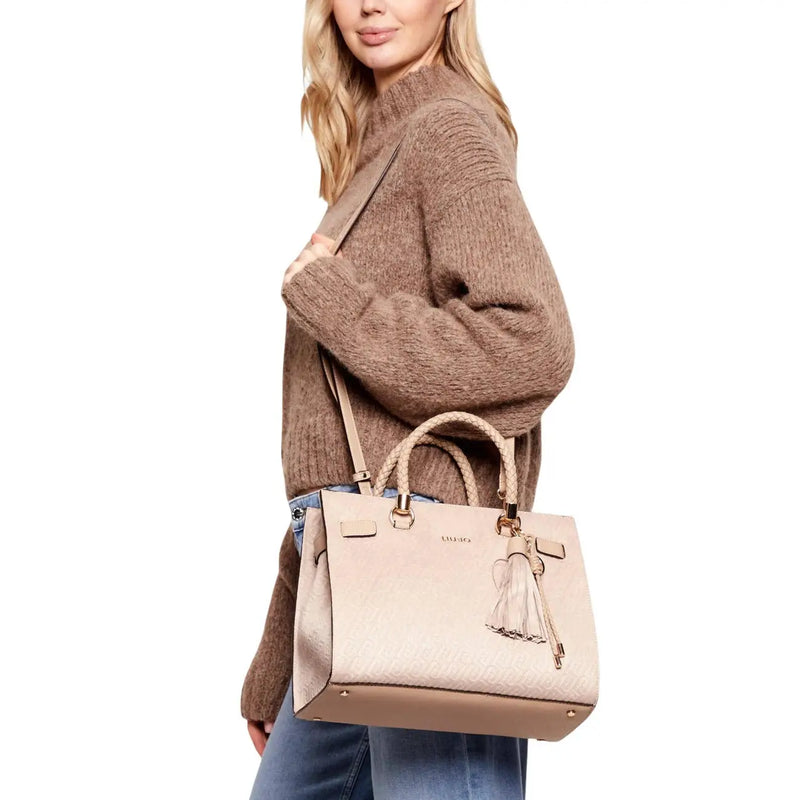 Liu jo beige polyester handbag with braided handles shoulder strap tassel charm and textured finish